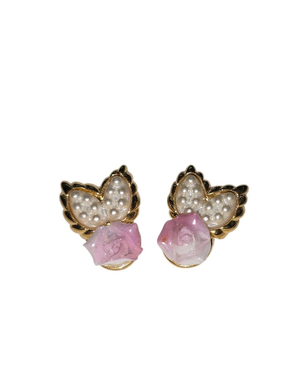 Cottagecore Pink Faux Pearl Earrings Gold Tone Studs Coquette Romantic Jewelry